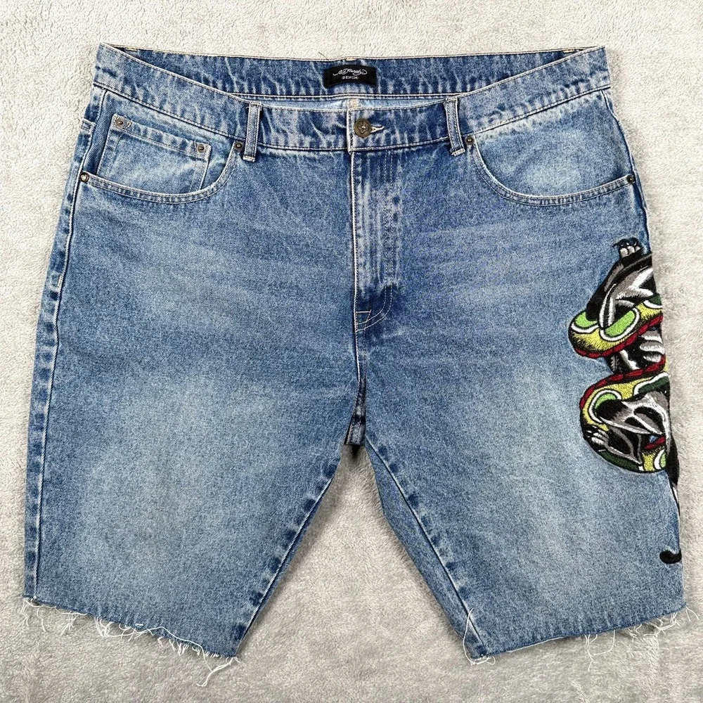 Ed Hardy Mens 40 Blue Denim Snake Panther Embroidered Raw Hem Jean Shorts Jorts